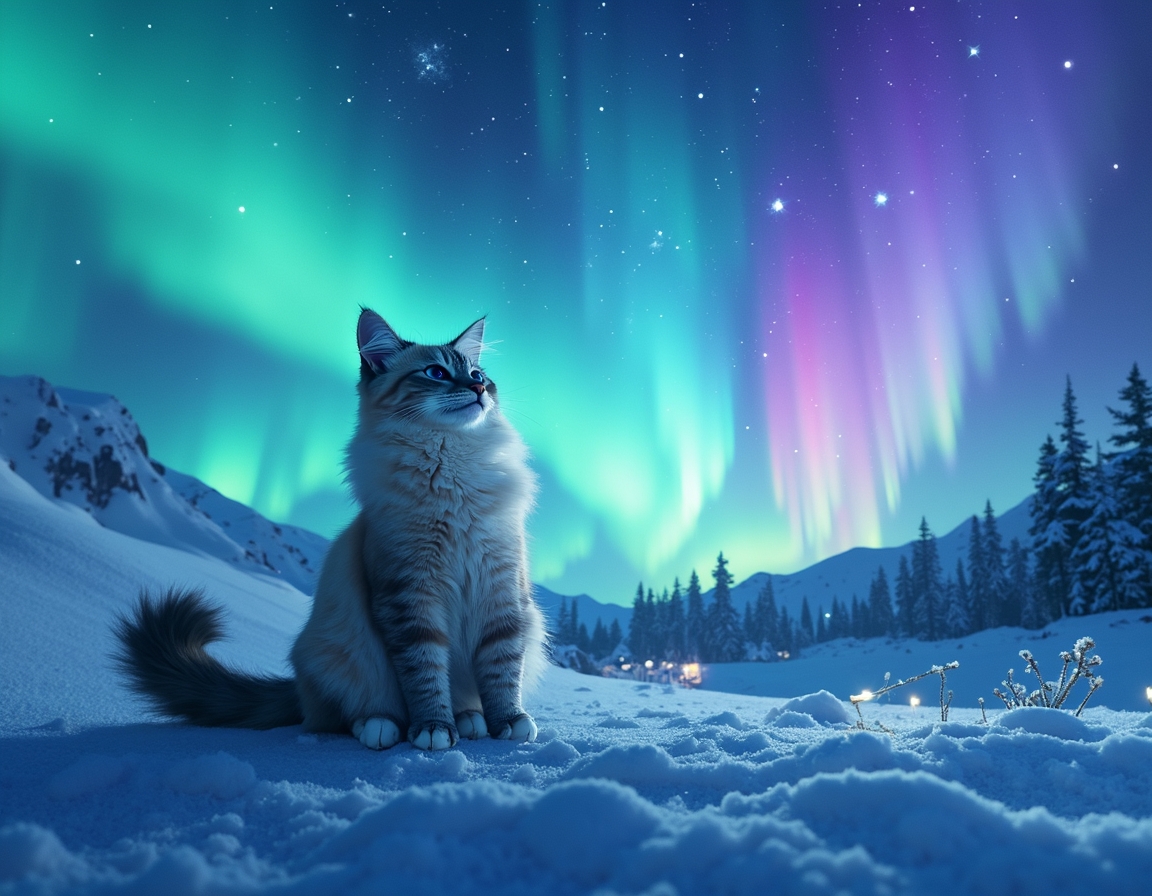Cat watches in awe as the Northern Lights light up the night sky, casting vibrant colors across the snowy landscape, creating a surreal and magical winter adventure.